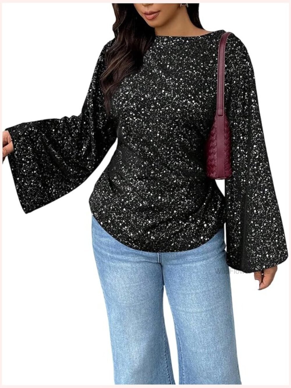 Plus Size Sequined Bell Long Sleeve Blouse Boat Neck Tie Back Sparkly Top